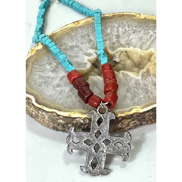 VTG Native American Turquoise & Red Coral Cross Necklace Sterling Silver Pendant - Picture 4 of 15